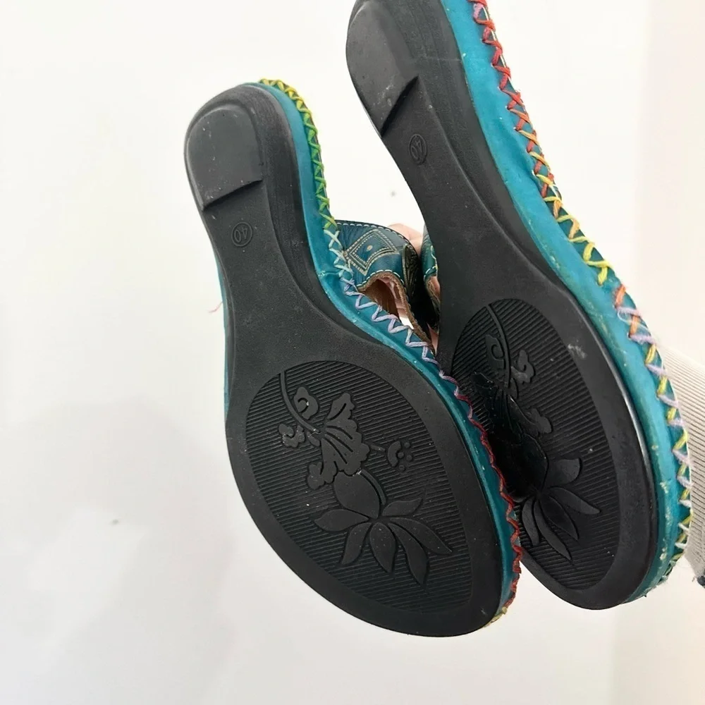 CORKYS POPPY TURQUOISE HAND PAINTED LEATHER SANDALS SIZe 9.5